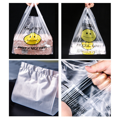 T-shirt con logotipo personalizado Bolsas de plástico para comida para llevar en restaurantes en material HDPE/LDPE/LLDPE