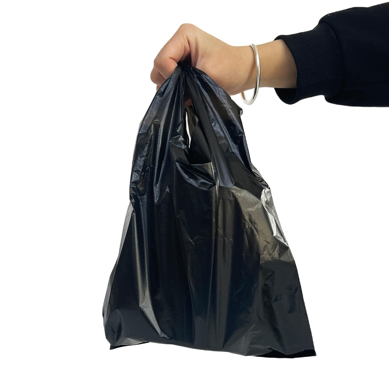 Bolsa de camiseta negra de plástico HDPE para compras en el supermercado